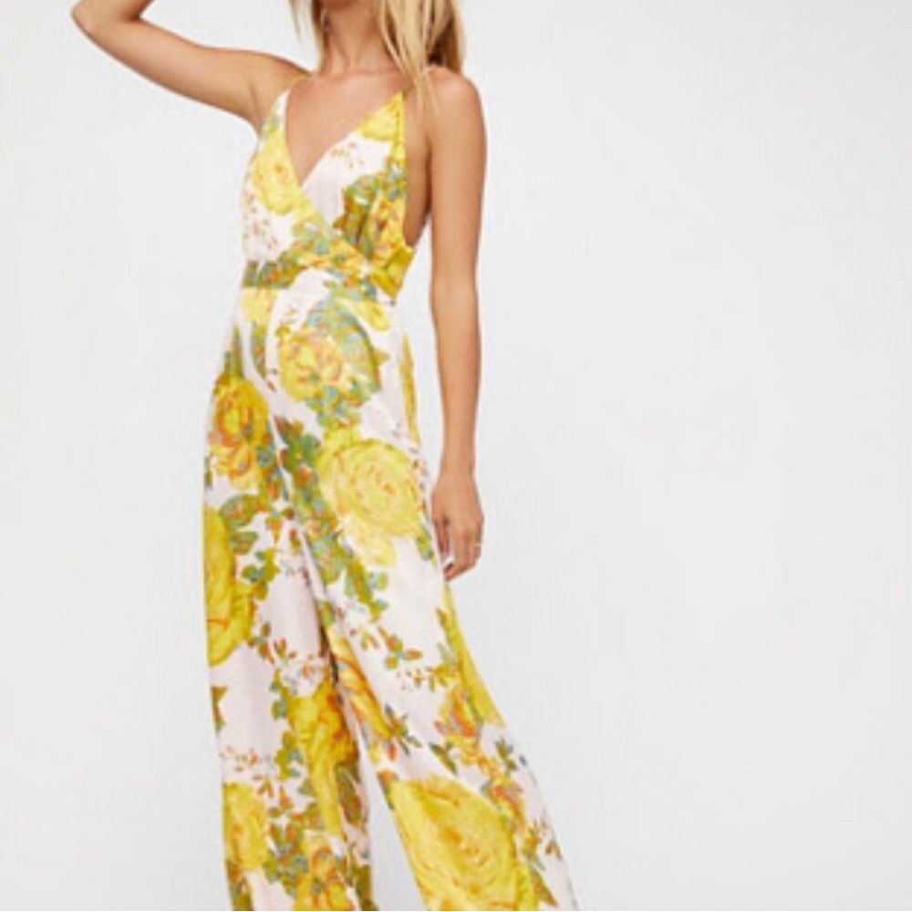 Free People Boho Cabbage Rose Satin Silky Floral Jumpsuit Rare Color Yellow